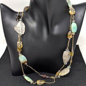 Multi-Stone Station Necklace Rutilated quartz peruvian opal citrine Gold tone